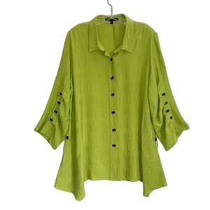 Calessa 3/4 Sleeve Button Down Draped Hem Tunic Top Chartreuse Green Womens XL